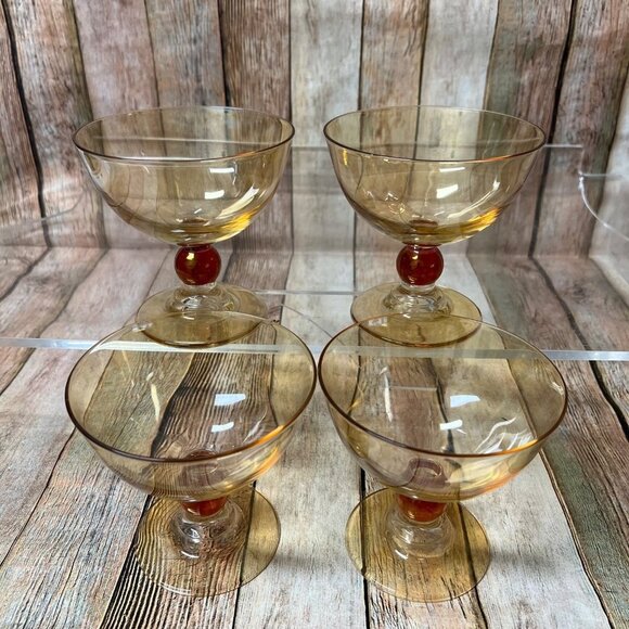 Hand Blown Ball Stem Sherbet Glasses~4~Gold Champagne Glass with Amber Ball Stem - Picture 6 of 6
